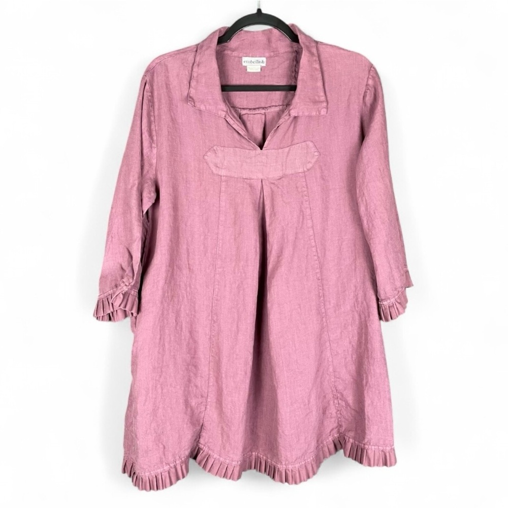 Embellish L/XL Linen Blend Babydoll Ruffle Boho Peasant Cottage Mini Dress Mauve